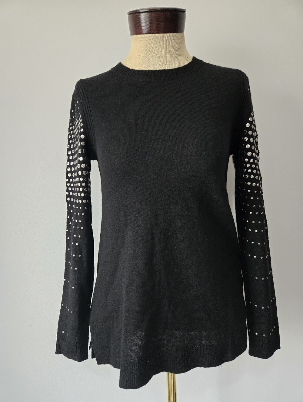 Rebecca Taylor Lambswool And Cashmere Black Knit Top with Silver Studded Sleeves